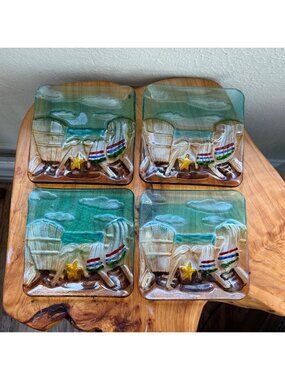4 Handcrafted Fused Art Glass Nautical Beach Trinket Dish Set Coastal Home Decor